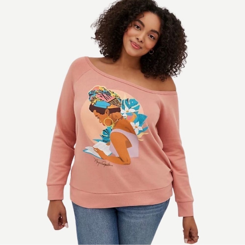 Torrid Off-Shoulder Sweatshirt French Terry Maya Angelou Rose‎ Pink- 6X